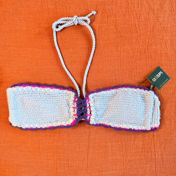 DESPI BR Fancy Crochet Bandeau Bikini Top in Light Blue Purple & Pink size M NWT - Picture 1 of 15